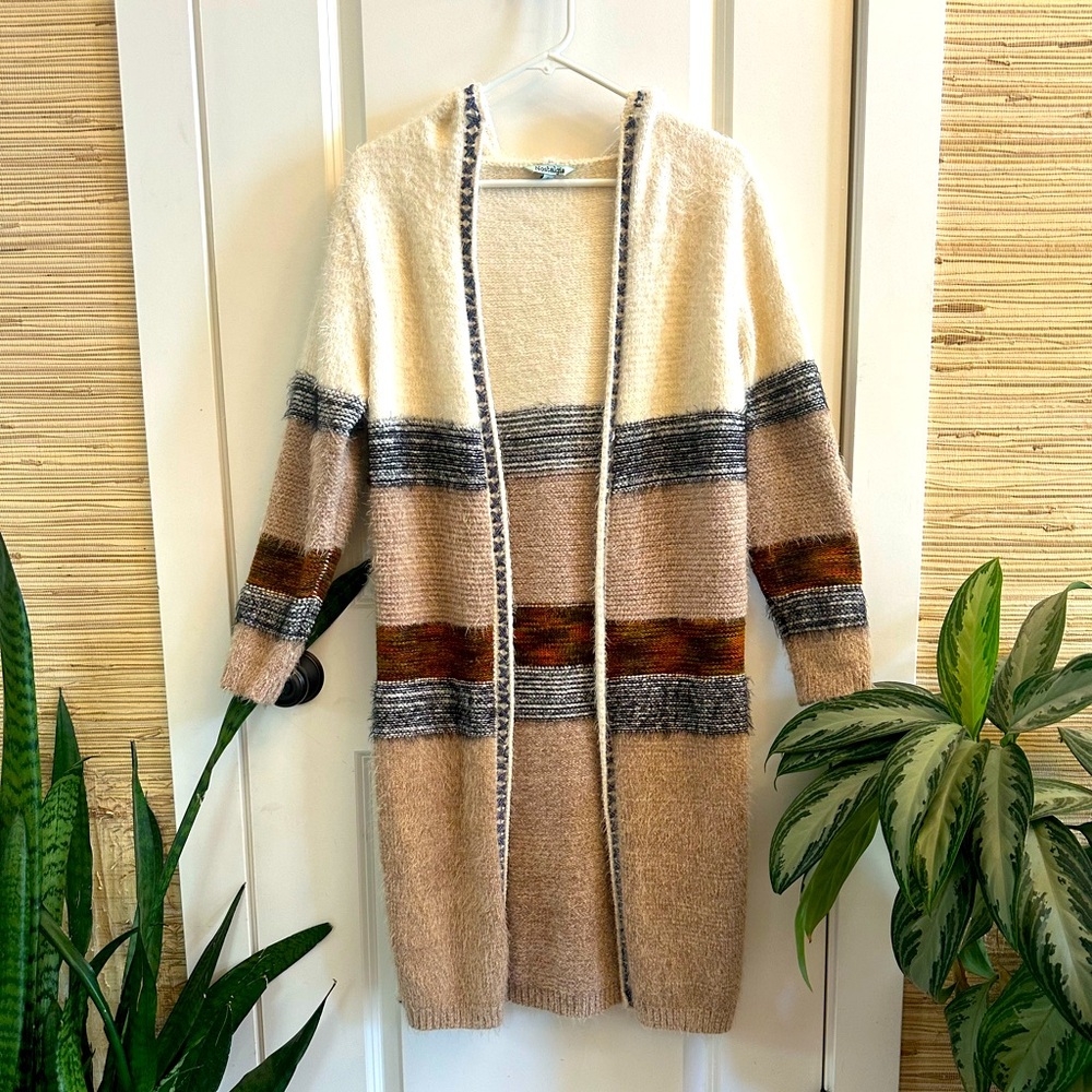 Striped Open Front Duster Sweater With Hood Sz S